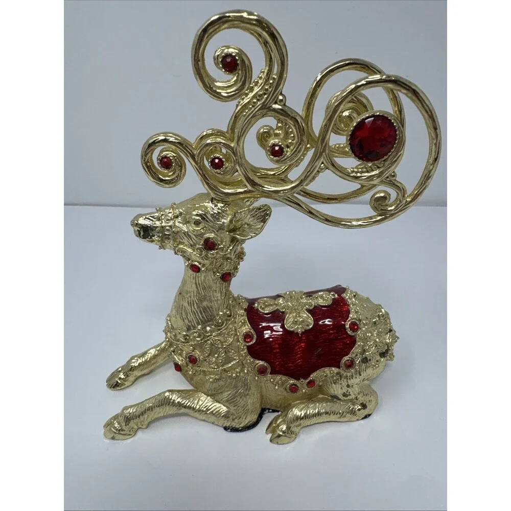 Vintage Dillard's Trimmings Collection Pewter Christmas Deer Jewels Red Gold